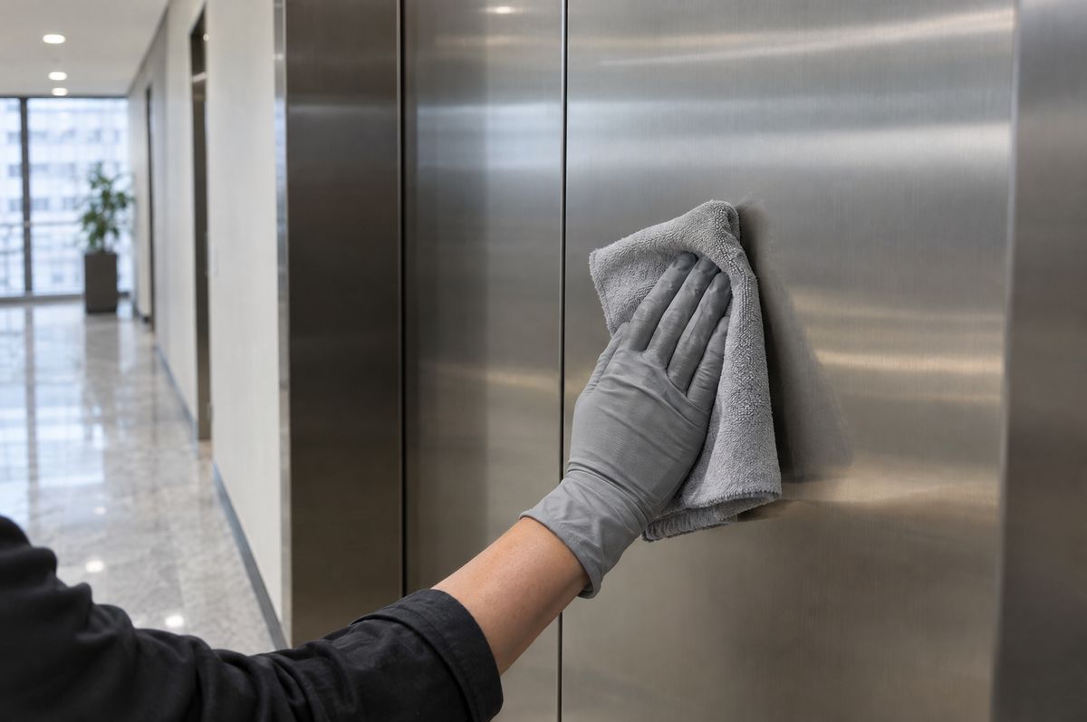 Edelstahltüren eines Aufzugs werden bei der Treppenhausreinigung abgewischt