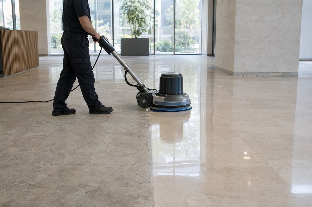 Grundreinigung eines Natursteinbodens im Foyer mit der Einscheibenmaschine